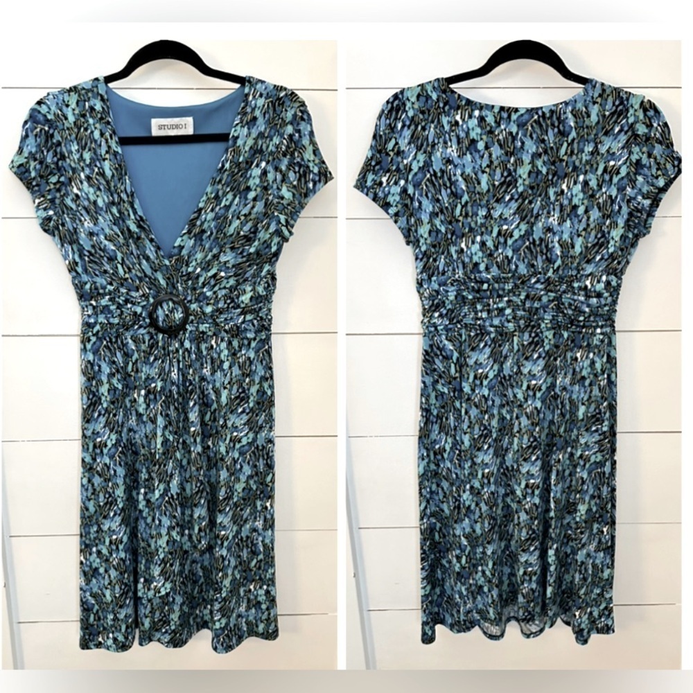STUDIO 1 8 colorful blue speckled Y2K 90's midi stretch woman poly spandex dress
